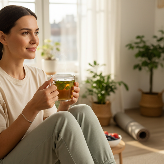 create 1500pxX1500px image for weigh loss related to tea holding in her hand